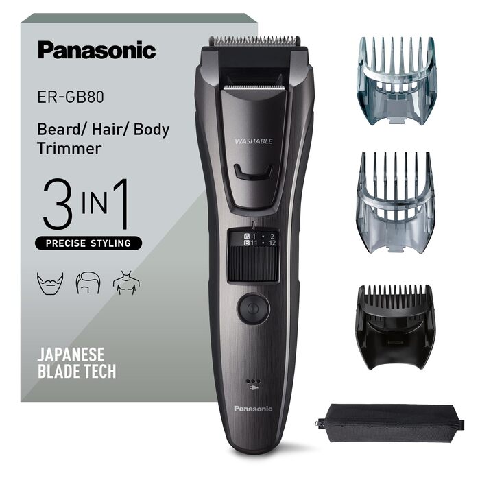Триммер Panasonic ER-GB80-H503 для чоловіків: борода, волосся, тіло, акумуляторний, водонепроникний, 39 налаштувань, 3 насадки, сріблястий