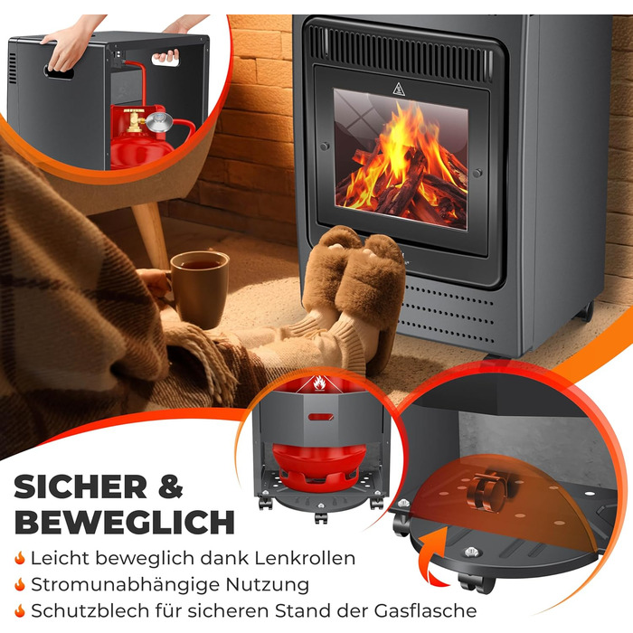 Газовий обігрівач KESSER® - газовий камін з інфрачервоним нагрівачем, 3.4 кВт, 2 режими, з газовим редуктором та шлангом, для бутану/пропану, антрацит