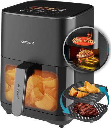 Cecotec Oil-Free Hot Air Fryer - 4L - Grill Plate - Grill - Double Heating Elements - Cecofry & Grill Duoheat 4000. 1900W, Movable Divider, Temperature Control 40-200°C, 10 Menus