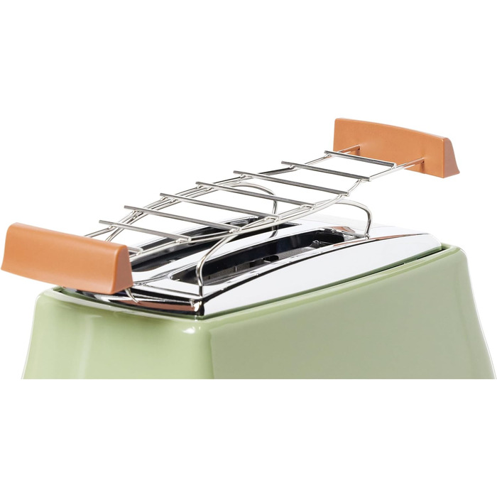 Тостер De'Longhi Icona Vintage CTOV 2103.GR Olive Green – 2 слоти, підставка для булок, 6 рівнів підсмажування, функція підігріву та розморожування, з нержавіючої сталі, ретро-дизайн