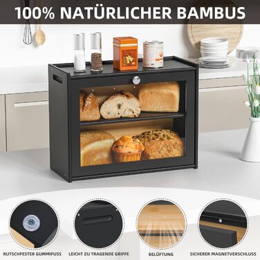 Бротокса Bambus: Бротокса для зберігання хліба з вентиляцією, 2 полиці та велике оглядове вікно, дерев'яний контейнер для хліба, безпечний для харчових продуктів, легкий у догляді, чорний (HX-10336)