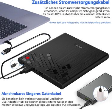 Зовнішній CD/DVD привід для ноутбука USB-C: слот-ін DVD-брунер та плеєр для Mac, MacBook, Windows з кнопкою вильоту