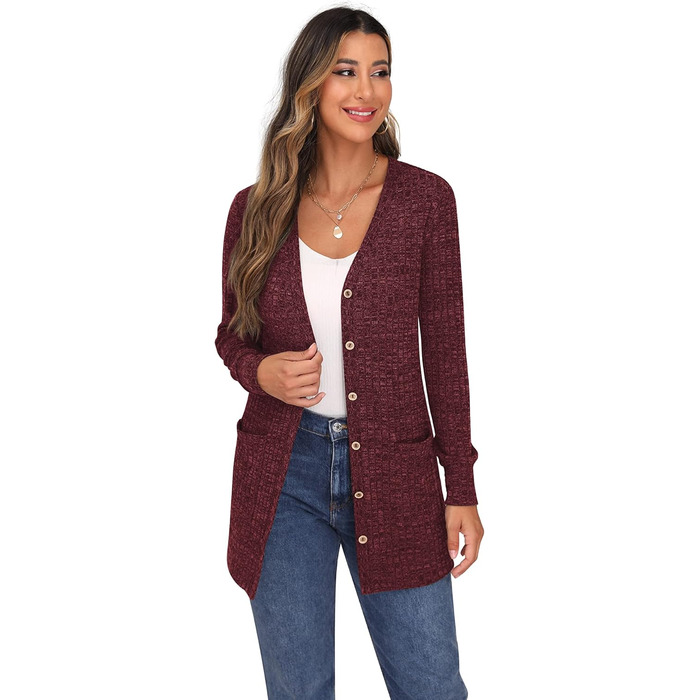 Жіночий в'язаний кардиган Grecerelle з довгими рукавами, V-подібним вирізом, з кишенями та ґудзиками, бордовий, осінь, м'який, елегантний, трикотажний