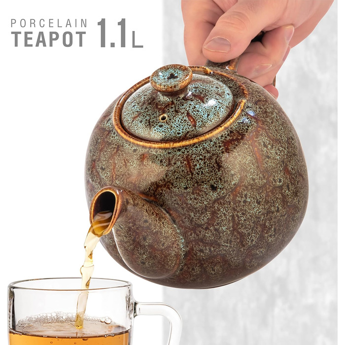 Teapot with infuser, Swansea Sea Green 1.1 L with filter, made of porcelain by URBAN LIFESTYLE, a drip-free teapot. Teapot with infuser, porcelain
