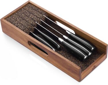 Knife Block Drawer, Knife Holder Drawer with Cork Dividers, Acacia Wood Kitchen Knife Organizer Drawer, Knife Drawer Insert for Drawers or Countertop