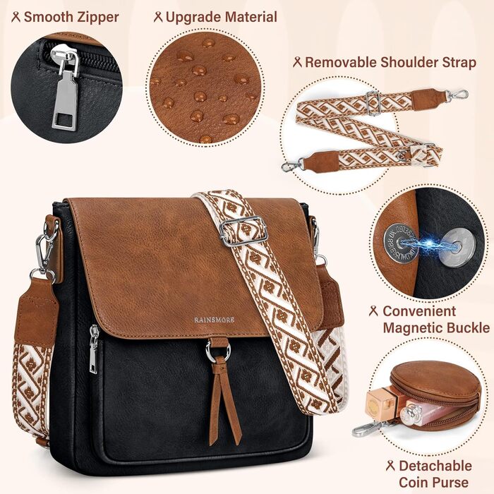 Сумка жіноча RAINSMORE середнього розміру через плече, шкірзам PU, чорно-коричнева