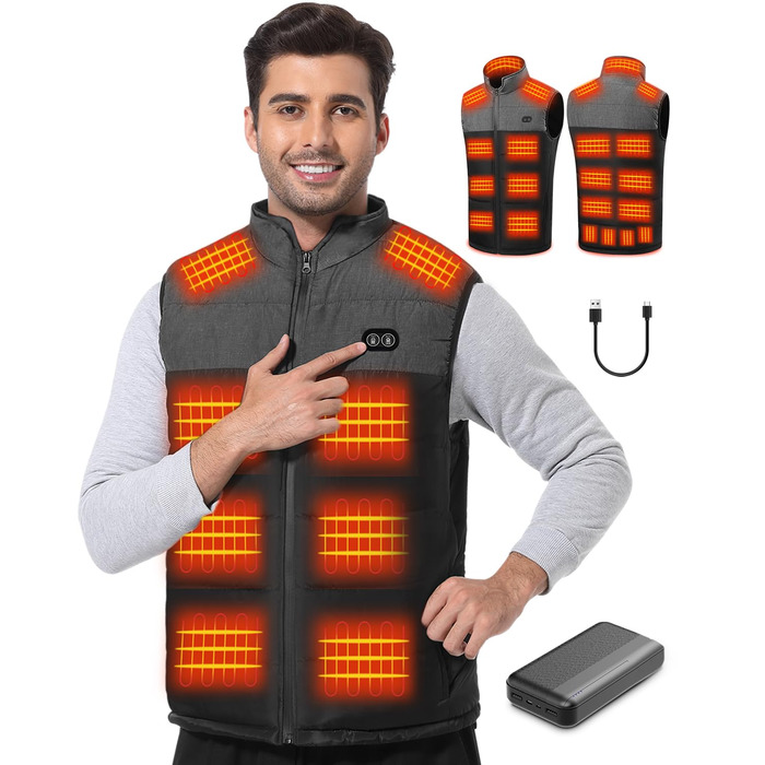 Електрична гріюча жилетка Buba Toys для чоловіків з Powerbank 20000mAh, 21 зона нагріву, 3 режими, для катання на лижах, піших прогулянок та активного відпочинку, XL, сіро-чорний колір