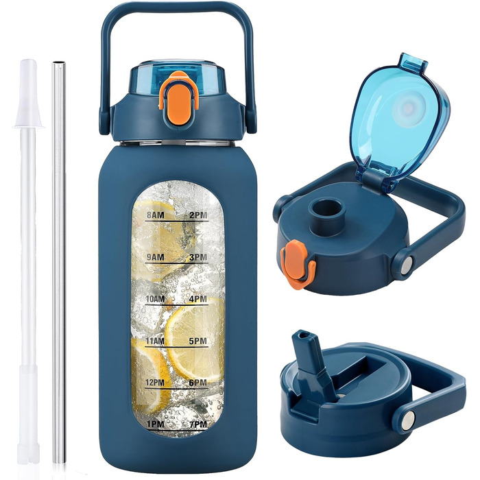 2L Glass Water Bottle with 2 Lids Flip and Go Lid 2 Liter Large Water Jug with Time Marker and Silicone Sleeve BPA-Free Leakproof for Sport Gym, Dark Blue