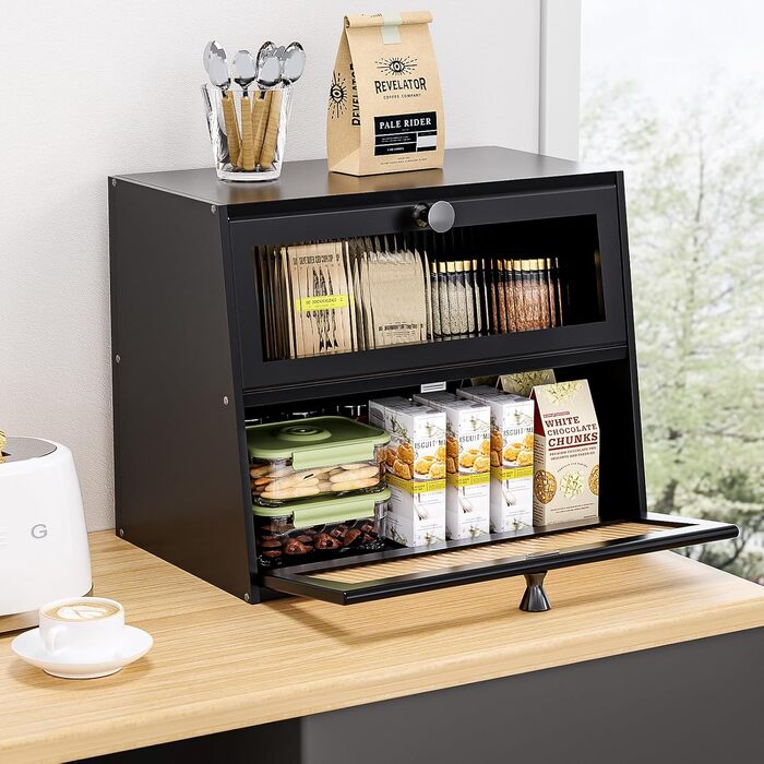 Дерев'яний бротокс для кухні, великий, 2-ярусний, з акриловим вікном (чорний)