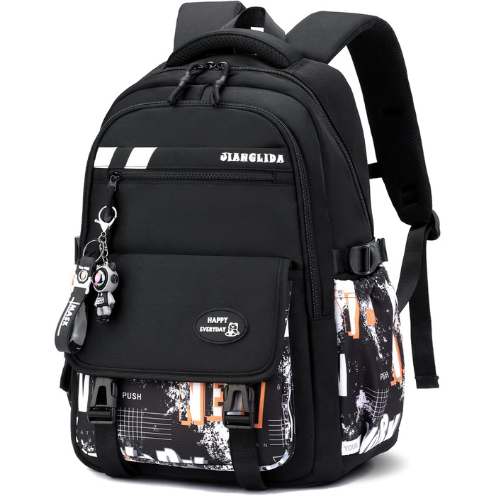 Шкільний рюкзак Tanou для хлопців-підлітків, принт графіті, водонепроникний, для школи, гімназії, старшої школи (Чорний/Оранжевий)