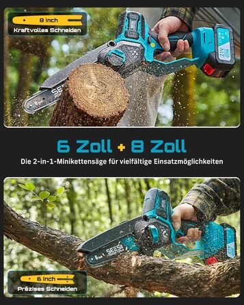 SEESII Безщіткова міні-пилка 6 дюймів, ручна акумуляторна пилка з 2 * 4000 mAh акумуляторами, одноручна акумуляторна пилка з автоматичним змащенням, сумісна з акумулятором Makita 18V, електрична пилка для дерева, гілок 6 дюймів безщіткова (6+8 дюймів безщ