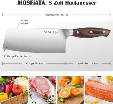 Ніж кухарський MOSFiATA Hackmesser Klassik 20 см з високоякісної сталі з ергономічною ручкою для кухні та ресторану