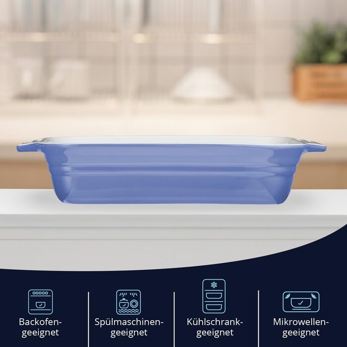 Форма для запікання велика 40 см, на 4-6 осіб, об'єм 3 літри, керамічна прямокутна форма для запікання, стійка до подряпин, для лазаньї, тірамісу та іншого (набір 4 шт. (22 см), світло-блакитна)