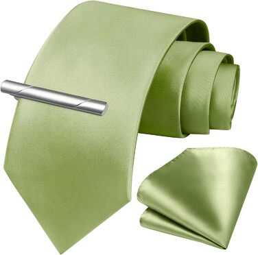 HISDERN Комплект краваток для чоловіків: класична однотонна краватка, кишеньковий хустинка та краватки-затискач (одно розмір, салатовий)