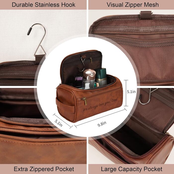 Чоловіча дорожня косметичка Easycosy з лазерним гравіюванням імені, шкіряна, для підвішування, стильна, ідеальна для подорожей, подарунок для тата, дідуся, колеги, на день Святого Миколая, червоно-коричнева