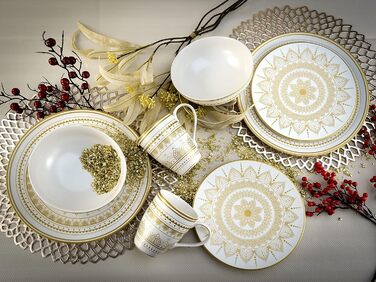 CreaTable MANDALA GOLD: Набір посуду з 16 частин, кераміка, чорний/золотий, для дому та ресторану