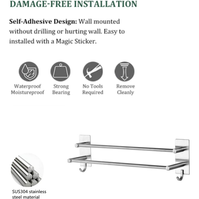 Тримач для рушників Vista без свердління, подвійний, 43.5 см, нержавіюча сталь, для ванної кімнати та кухні, самоклеючий