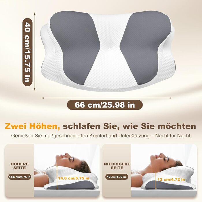 Ортопедична подушка для шиї та плечей, Memory Foam, 66x40x14 см. Підходить для сну на спині, боці та животі. Підтримка шиї. (1 шт.)