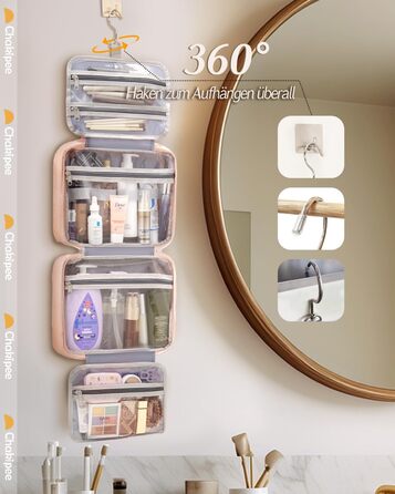 Чоловіча/Жіноча дорожня косметичка для підвішування – водовідштовхувальна, з прозорим вікном, рожевого кольору, середнього розміру (30x23x10 см)