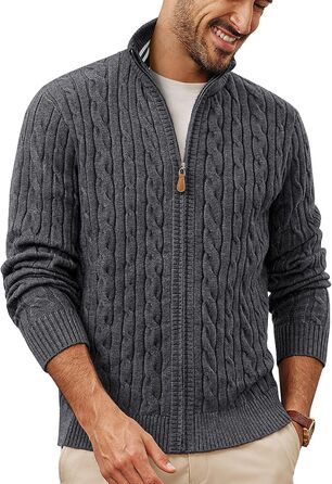 Кардиган чоловічий PJ PAU JONES з блискавкою, стійким коміром та в'язаним візерунком, темно-синій (M, темно-сірий)