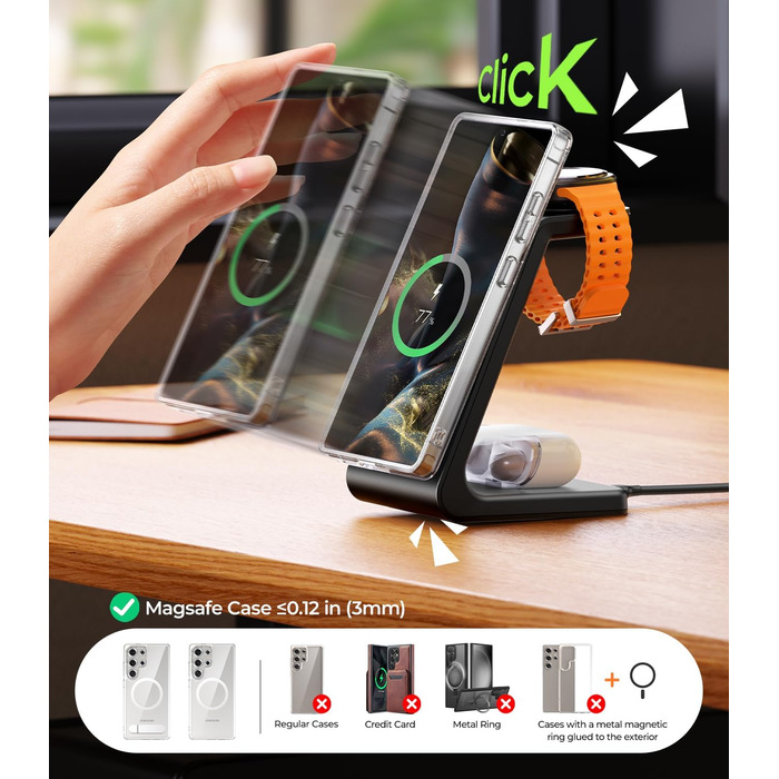 Магнітна зарядка 3-в-1 для Samsung Galaxy: швидка бездротова зарядка Mag-Safe для S25 Ultra/S24/S23, Z Fold/Flip, Galaxy Watch Ultra/7/6 та Galaxy Buds Pro (чорний)