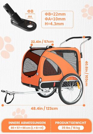 SEPNINE® Велосипедна причепа для собак XL, 2-в-1: причеп та візок для собак з відбивачами та гальмом, матеріал: 600D Oxford Canvas, максимальне навантаження 40 кг, помаранчевий колір