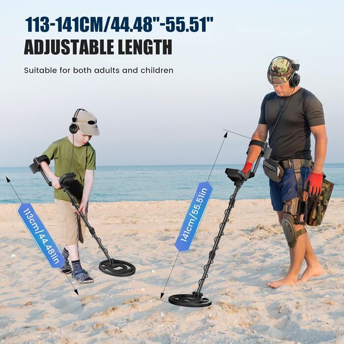 Металодетектор високоточний, регульована довжина 113-141 см, 5 режимів, акумуляторний професійний з LCD-екраном, водонепроникна котушка IP68, для дорослих та дітей, блакитний