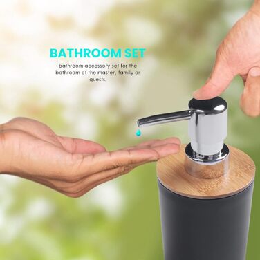 Набір аксесуарів для ванної кімнати з бамбука (6 шт.), чорний: щітка для унітазу, дозатор мила, стаканчик для зубних щіток, мильниця, сміттєвий бачок