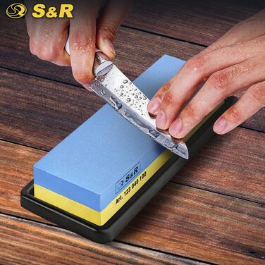 Набір для заточування ножів S&R Schleifstein: двосторонній шліфувальний камінь 1000/4000, допомога для заточування 120/240, точило для ножів та брусок для заточування. Комплект з 5 шліфувальних каменів з зернистістю 1000/4000 (1 зернистість 400/1000 + три