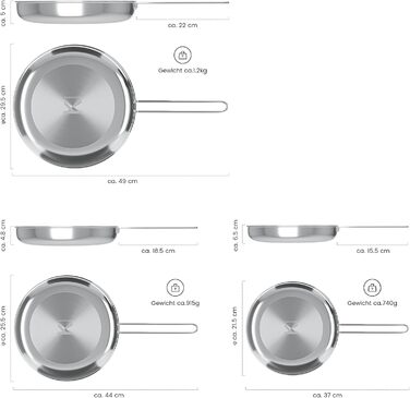 Набір сковорідок CookNANO 3 шт. (22/26/30 см), нержавіюча сталь з 4-шаровим антипригарним покриттям, індукційні, легко миються