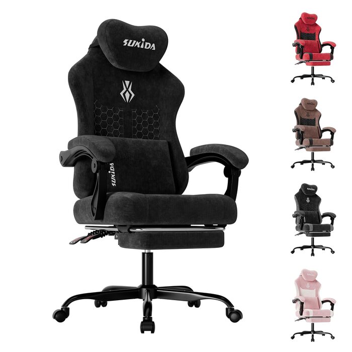 Ігрове крісло SUKIDA Ergonomic Pureblack: ергономічний офісний стілець з підскладною підставкою для ніг, підголівником та поперековою підтримкою, тканинна оббивка