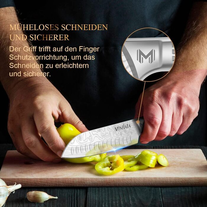 Набір кухонних ножів MOSFiATA, 5 шт. з нержавіючої сталі: кухонний, сантоку, універсальний, для хліба, для очищення з захистом пальців та подарунковою коробкою