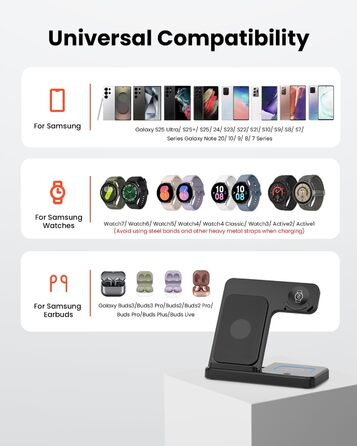 Бездротова зарядка GEEKERA 3-в-1 для Samsung: S25/S24/S23/S22, Galaxy Watch 8/7/6/5/4/3, Galaxy Buds (Чорний)