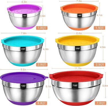 Mixing Bowl Set of 6, Stainless Steel Bowls Salad Bowls with Airtight Lid & Silicone Bottom, 3 Grater Attachments, 6.6 L/3.8 L/2.4 L/1.9 L/1.4 L/0.6 L - Colorful