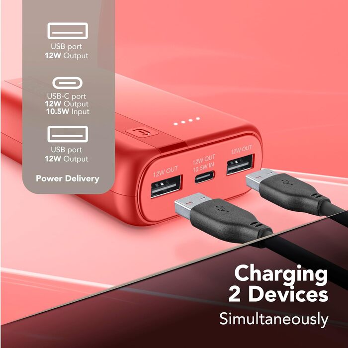 Power Bank Cellularline 20000 mAh з USB-C та 2x USB-A, LED-індикатор, червоний