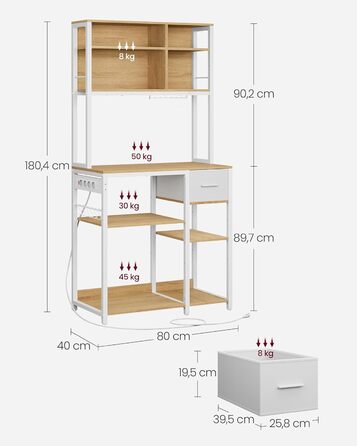 Стелаж кухонний VASAGLE з розетками, 40 x 100 x 180,4 см, 12 гачків, антрацит-чорний, з регульованими полицями та висувною шухлядою