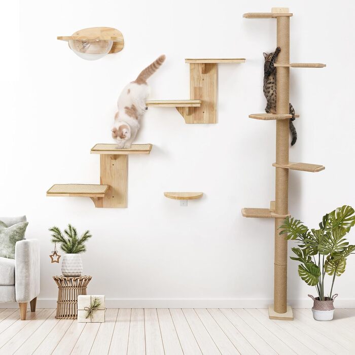 Kratzbaum, 5-story cat tree reaching the ceiling (206 cm), wall-mounted cat tree, made of natural rubber wood, for cats to climb, scratch, look out, and play.