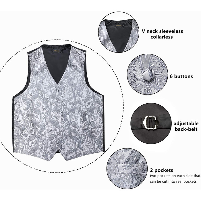 Набір DiBanGu з шовку: жилет та краватка з візерунком пає, 6 шт. срібного кольору (для весілля, свят)