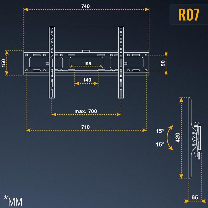 Настінне кріплення для телевізора RICOO R07 40-100 дюймів, до 100 кг, VESA 200x200 - 600x400, похиле