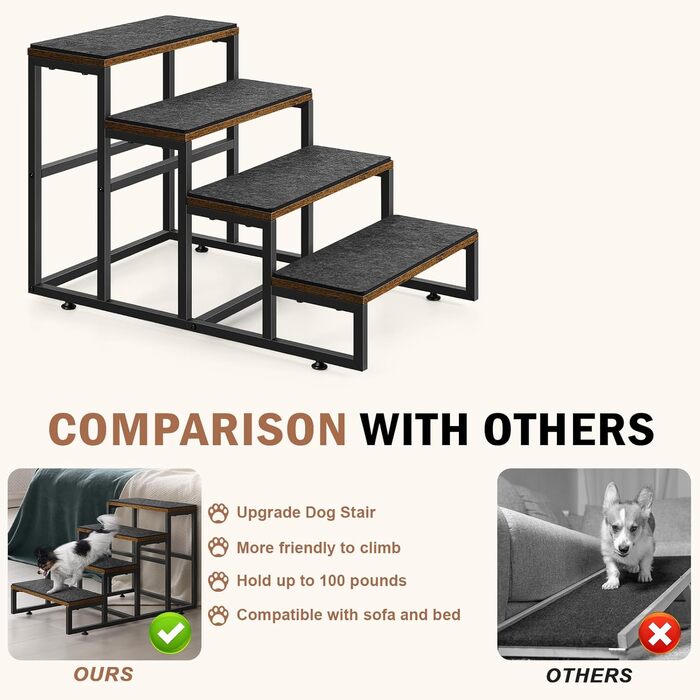 Сходинка для тварин до вікна, багатоярусне ліжко для собак зі сходинками, 4-ступенева сходинка для високих ліжок для маленьких собак і котів (Коричнева, 4 сходинки)