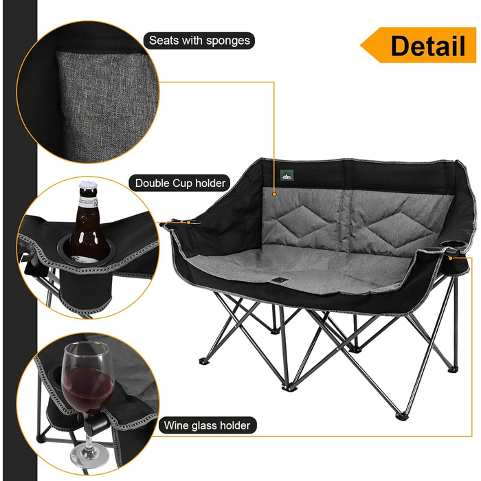 Розкладний крісло-диван Northroad для кемпінгу на 2 особи, чорний. Зручне диван-крісло для відпочинку на природі, для пікніків, пляжу, подорожей. Має підстаканники та тримач для келихів.