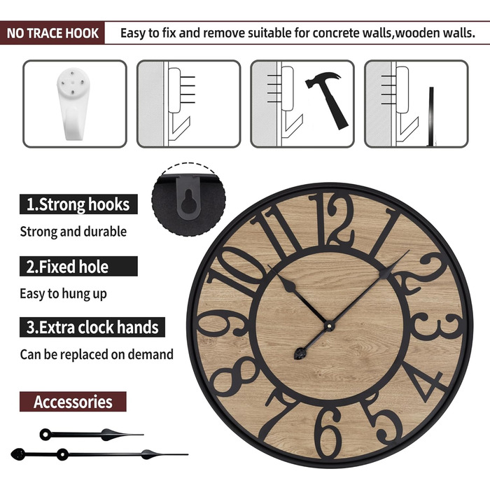 Large Wall Clock Without Ticking, 50 cm / Silent Wood Vintage Wall Clock Retro Battery Powered Modern For Living Room Bedroom, Kitchen, Farmhouse, Office Decoration (14 inch, Black Metal - Arabic Numerals)