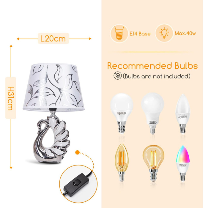 Стійка лампа Aigostar з кераміки, вінтажна настільна лампа з тканинним абажуром, патрон E14, макс. 40W, сучасна лампа для нічного столика, нічник для спальні, вітальні, офісу (без лампочки) - H235mm (Білий лебідь - H310mm)