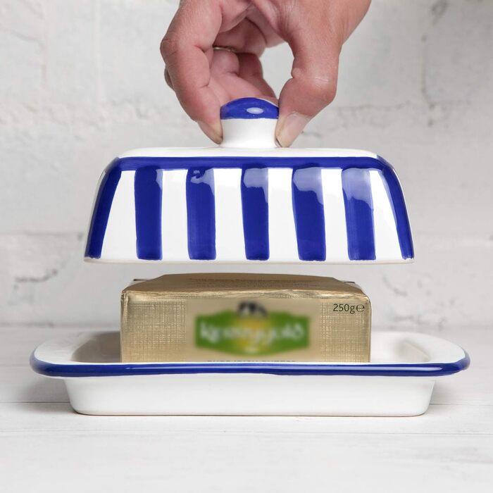 City to Cottage - Butterdose Keramik | Striped Blue and White | Handmade | 250 gram Ceramic Butter Dish with Lid