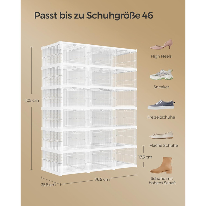 SONGMICS Shoe Cabinet 3-Piece Set, with 18 Shoe Boxes, Integrated Shoe Organizer, Foldable, Portable, for Shoe Sizes up to 46, 1-Minute Assembly, Transparent-Cloud White LSP207W01