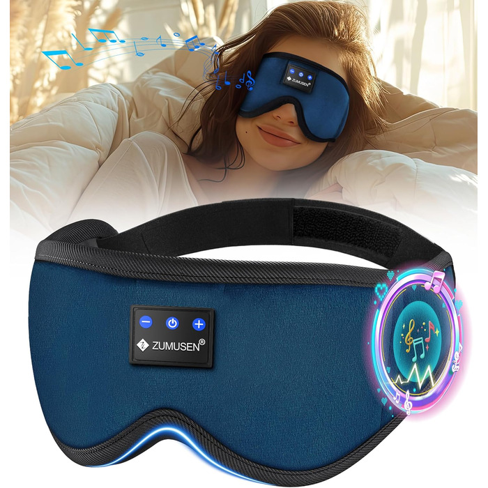 Маска для сну ZUMUSEN з навушниками Bluetooth V5.4, 3D маска для сну, блокує світло, дихаюча, регульована, для відпочинку, медитації, подорожей (Блакитна)
