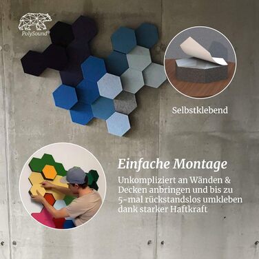 Акустичні 3D-панелі PolySound ECO гексагон, самоклеючі панелі для звукоізоляції офісу, геймерської зони та дому, набір 9 шт (3-10 см), колір Smoky Safari