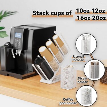 Ovicar Cup and Lid Holder – Adjustable Coffee Cup Holder, Organizer, 4 Compartments, Disposable Cup Dispenser with Coffee Capsule, Straw, Storage Basket for Coffee Station, Bar, Countertop, (White)