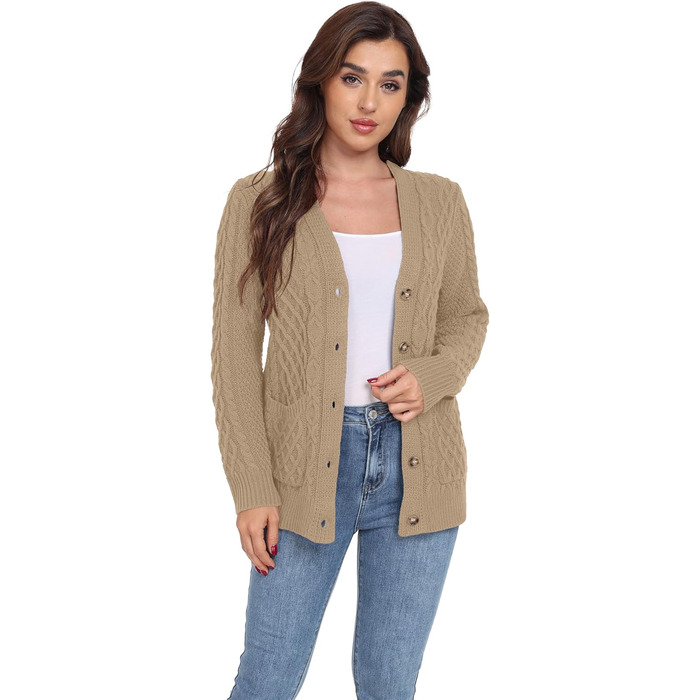 Жіночий в'язаний кардиган GRECERELLE з V-подібним вирізом та ґудзиками, класичний стиль, осінь-зима, бежевий колір