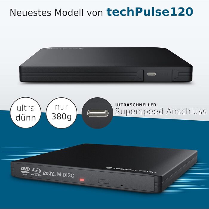 Зовнішній Blu-ray привід techPulse120 USB 3.1 Type-C M-Disc BDXL Brenner Player для PC, Notebook, Mac OS, MacBook Pro Air, алюміній (чорний)
